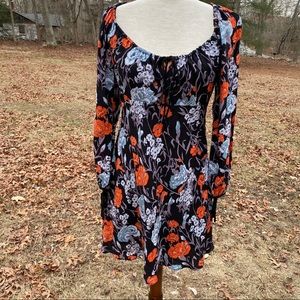 ECOTE DRESS MINI BLACK GRAY BLUE FLORAL SCOOP NECK BOHEMIAN Size 2